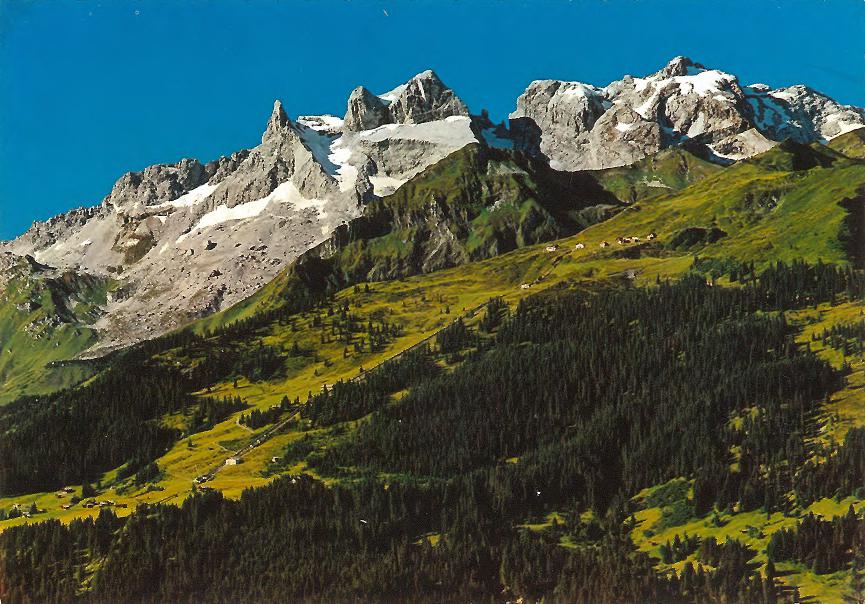 Postkarte: Golm, Schrägaufzug mit Matschwitz und Grüneck, 3 Türme, 2830 Meter, Drusenfluh, 2827 Meter