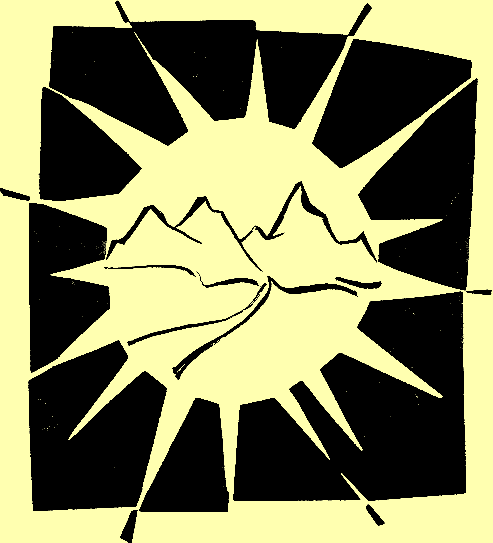 s/w-Titelbild: Bergsilouette in Sonnenscheibe gesetzt, die Strahlen gehen über den dunklen Rand hinaus