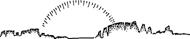 s/w-Grafik: aufgehende, halbe Sonne zwischen Berghügeln