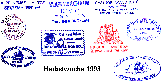 Stempel von Wanderzielen: Alpe Nemes, Klammbachalm, Waldruhe, Plätzwiesen, Auronzo-, Lavaredo- und Dreizinnenhütte, Rifugio Monte Piana sowie Talschlusshütte Fischleintal