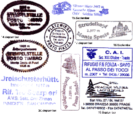 Sammlung von Stempeln unserer "Gipfel" (Inner- und Außergsellwiesen, Sillianer Hütte, Plätzwiese, Strudelkopf, Fonda-Savio, Pragser Wildsee, Dreischusterhütte und Wildgrabenjoch)