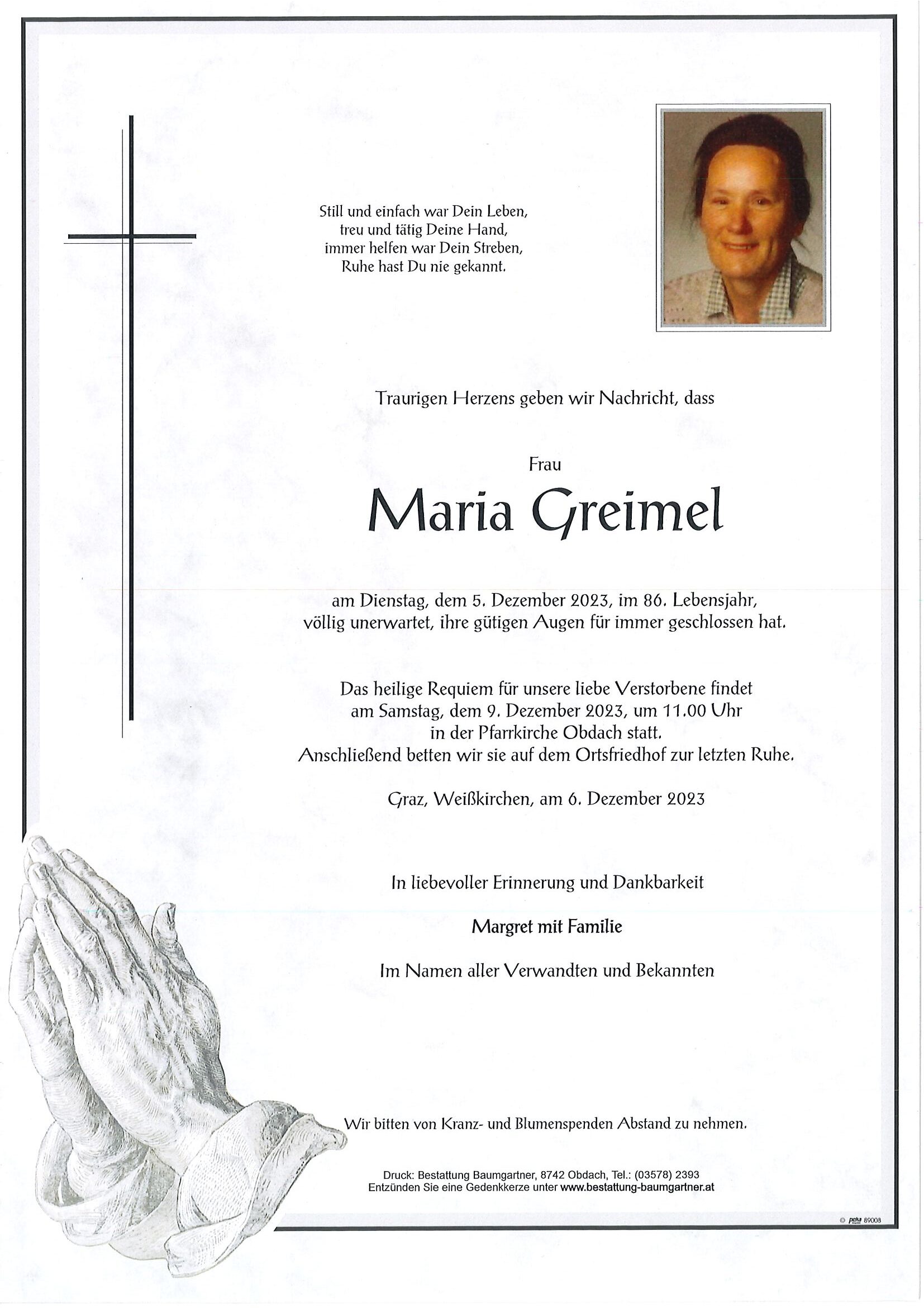 Traueranzeige Maria Greimel