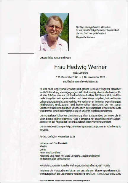 Traueranzeige Hedi Werner