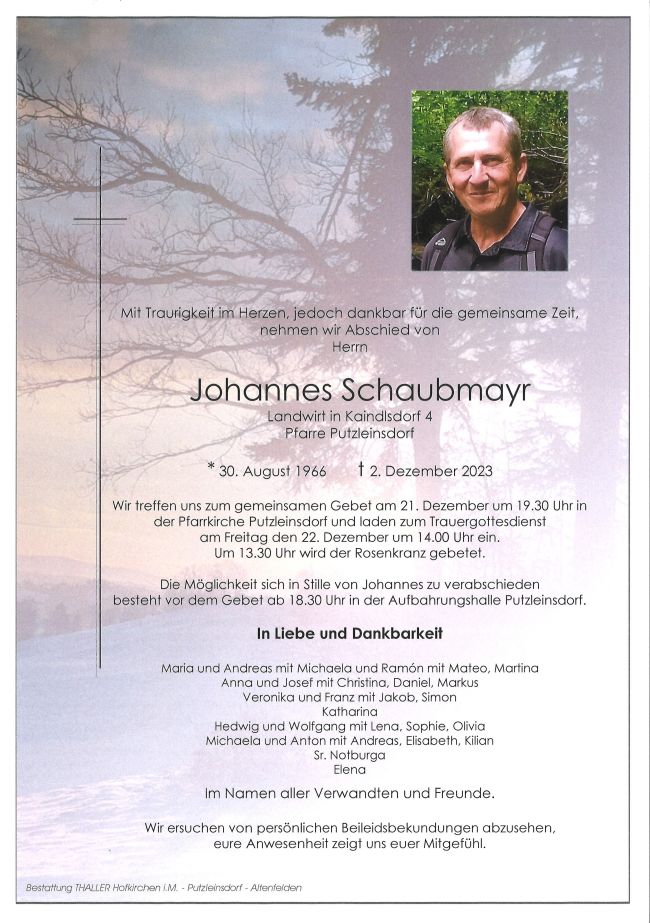 Traueranzeige Johannes Schaubmayr