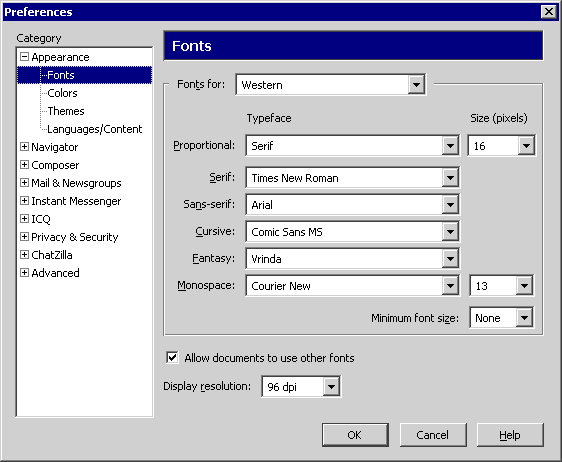 Dialogfenster Einstellungen Schriften