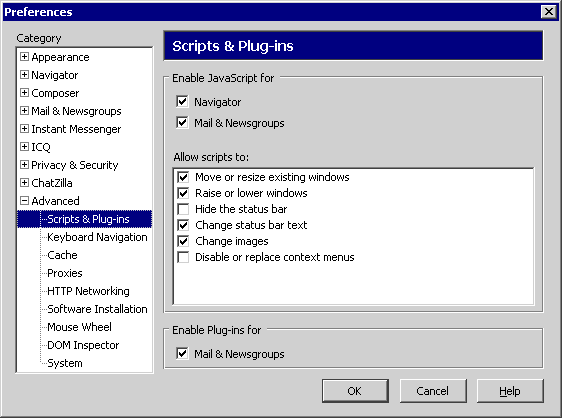 Dialogfenster Einstellungen Skripte & Plug-ins